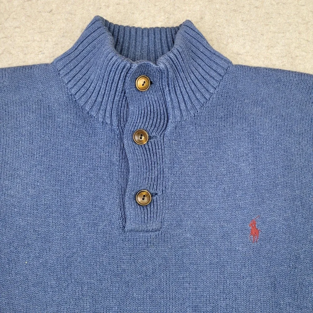 Polo Ralph Lauren Knit Pullover Sweater Men 2XL Blue 1/4 Button Mock Neck Preppy